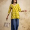 Vibrant Yellow Printed V-Neck Tunic Top