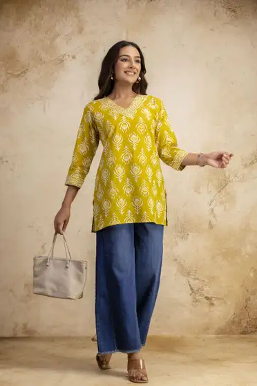 Vibrant Yellow Printed V-Neck Tunic Top