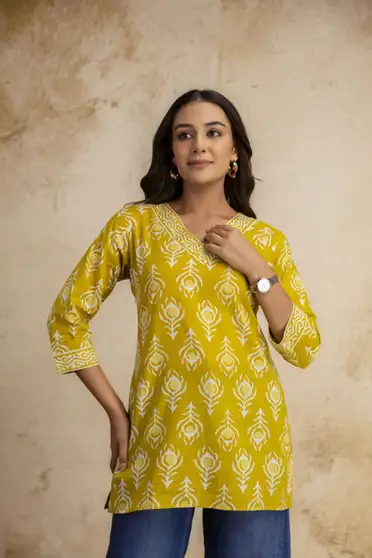 Vibrant Yellow Printed V-Neck Tunic Top