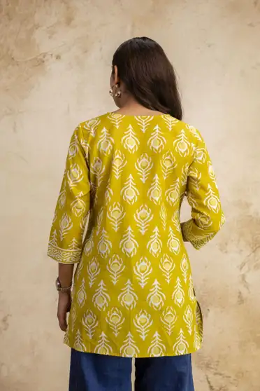 Vibrant Yellow Printed V-Neck Tunic Top